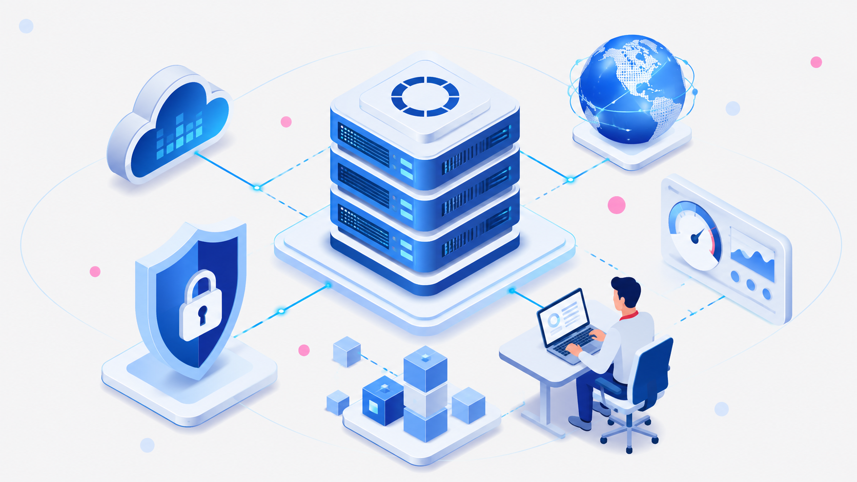 Illustration of cloud hosting infrastructure with servers, security protection, global connectivity, performance monitoring, and an IT administrator.