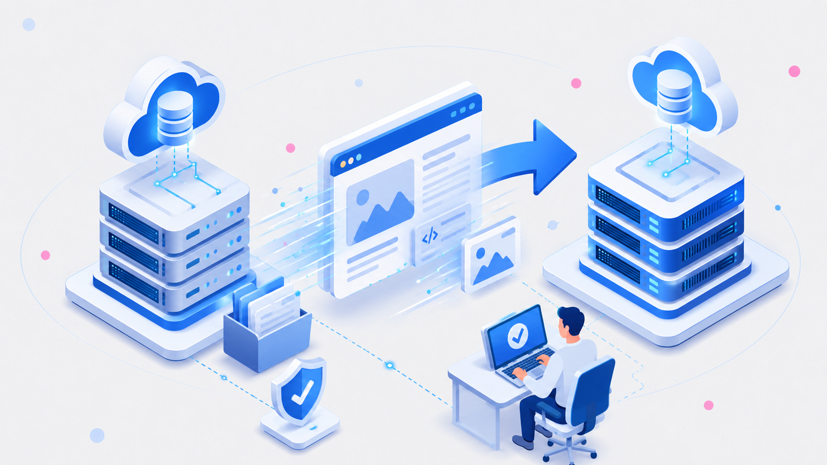 Illustration of a website and data migrating between cloud servers with security protection and an IT administrator managing the transfer.