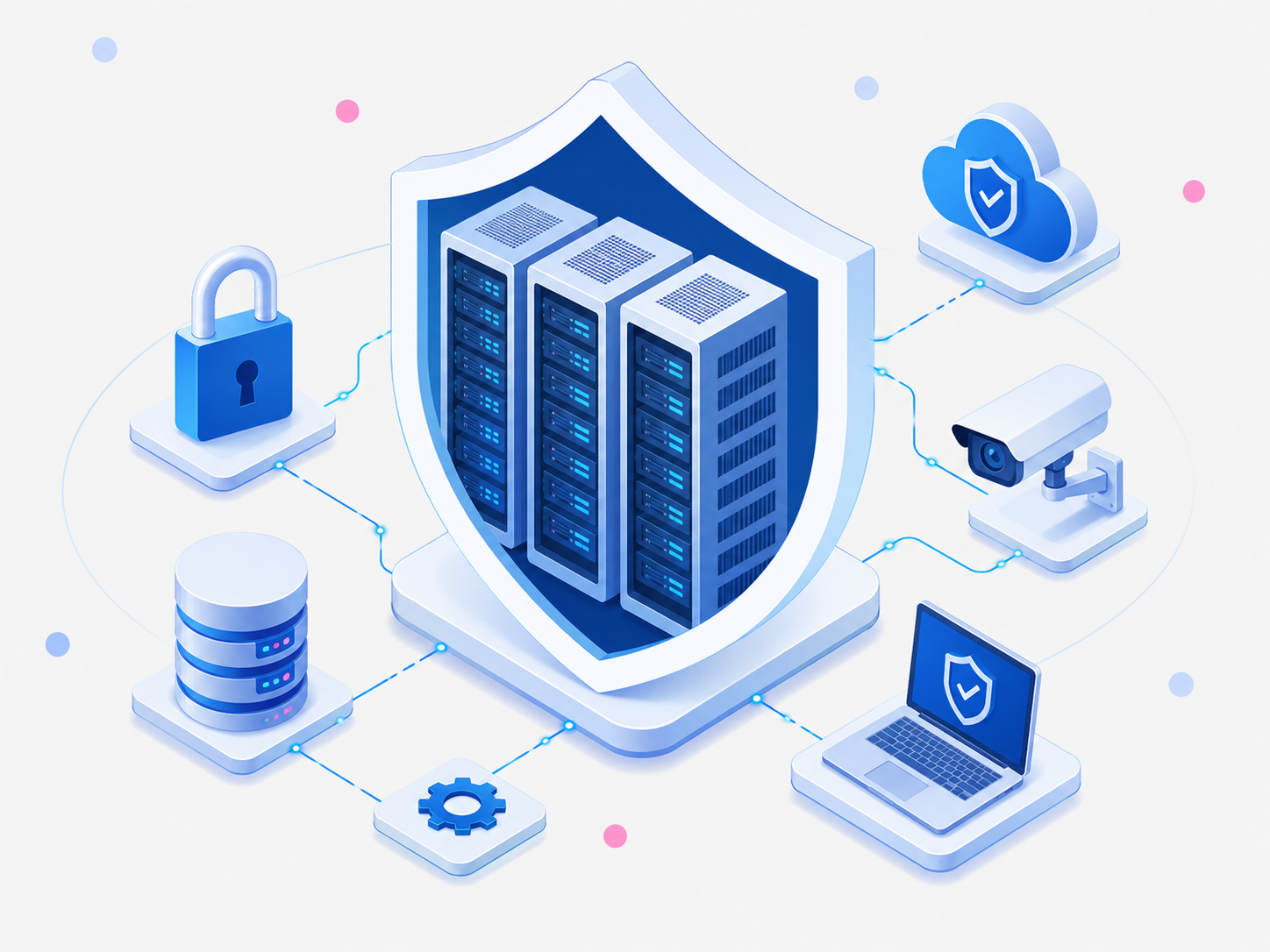 Illustration of protected server infrastructure with a security shield, cloud protection, surveillance camera, database, and secured laptop.