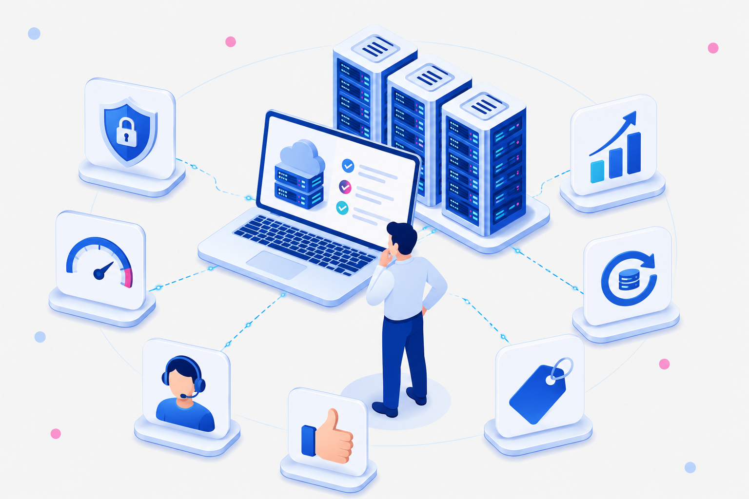 Illustration of managed web hosting with secure servers, performance monitoring, backups, technical support, scalability, and hosting management tools.