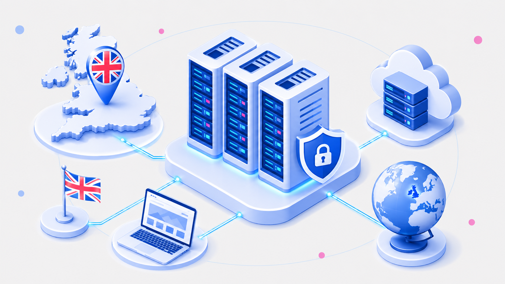 Illustration of UK-based web hosting with secure servers, UK location markers, cloud infrastructure, and global connectivity.